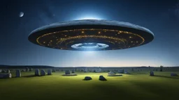 spectacular flying saucer with flashing lights, windows and spotlight onto the ground. Hovering over Stonehenge stone circle, night, dark sky, stars, moon, exquisite composition, beautiful detailed intricate detailed octane render, 8k artistic photography, photorealistic, perfect light, chiaroscuro, award-winning photograph, masterpiece