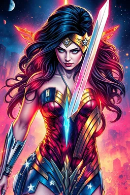 Wonder Woman Full-length image, centered| key visual| intricate| highly detailed| breathtaking beauty| precise lineart| vibrant| comprehensive cinematic| Carne Griffiths| Conrad Roset, best quality, Trending on artstation, Trending on MidJourney, Award Winning, Timeless art work, Masterpiece, Genius, Worldclass, Extra ordinary, Aesthetic, Beautiful, Stunning, Brilliant, cinematic, Dynamic, Cinematic lighting, inspirational, 4K resolution, 8K resolution, Artstation HD, Artstation HQ, Vivid,