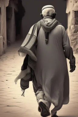 An old man wearing an Arabic keffiyeh, his back bent, walking barefoot, holding his cane upside down, looking back and holding his shoe in his hand.