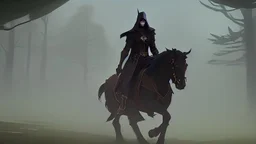 Dark robed wizard on a horse in the forest