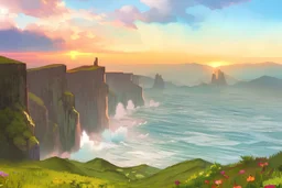 cliffs of moher blue sky panoramic view flowers foggy