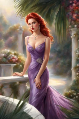 elegance, beautiful woman, 18 years old,front view, tiny, luxuriant, center, single luxuriant purple dress, red hair, render indoor palm, white background,32k, ultra high definition,realistic, white background, clipart, thomas kinkade, blushing, masterpiece, unique, breathtaking, Best Artist, Cinematography, Soft Lighting, Cute and well loved, Creative, Ultra detailed