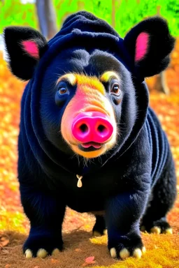 Pig in a black bear costume
