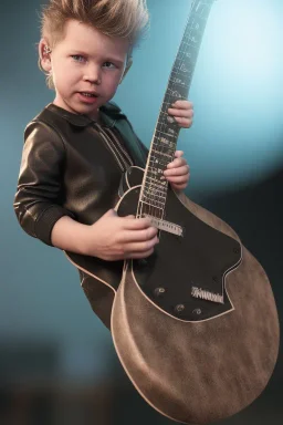 James hetfield toddler, full body, playing guitar, black leather wear, bokeh,hyper realistic