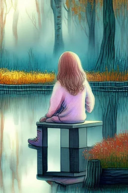 a cute chibi girl is sitting with her back to us, we see her playing tetris on a big screen, in van gogh style in on a misty morning. over a misty pond in the hieght of fall. Watercolour by Alison Brady. Pastel colours S<AI in sunshine, ethereal, otherwordly, cinematic postprocessing