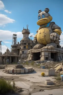 far in the future, a gigantic stature of a popular famous cartoon character sits among ruins of buildings. time has weathered the landscape for thousands of years. a small makeshift camp with people can be seen contrasting the massive statue.