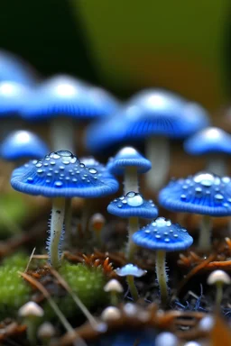 فطريات ومخلوقات الدقيقة يلعبون في عشبة صغيرة و لونها أزرق