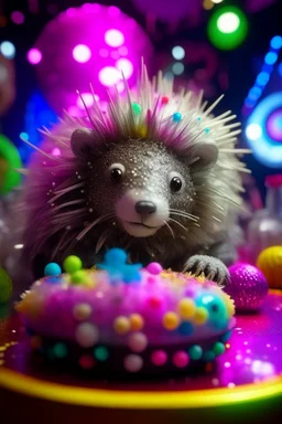 portrait of glittery haired twisted porcupine on a yoga space ship made of ice cream, smiling with beautiful shiny ears, each inside a pile of transparent jelly bubbles of weird colors with insect aliens inside, disco egg made of small mirror, light rayz, feast table ,shot on Hasselblad h6d-400c, zeiss prime lens, bokeh like f/0.8, tilt-shift lens 8k, high detail, smooth render, down-light, unreal engine, prize winning