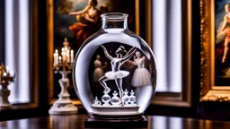 a pretty glass wine jar with beautiful minature glass shapes on out side and some glass hlalf sphere on it with a lady ballerina inside in pretty standing ballet pose on a table in a art gallery with famouse paintings and statues
