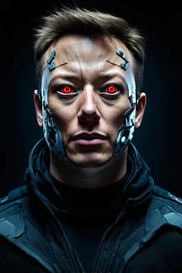 Portrait of Elon musk, scary cyborg face, metal plate checks and forehead, one red eye