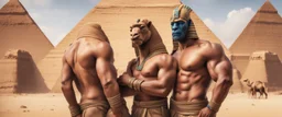 Hyper realistic shirtless muscular male pharaohs hugging & a pyramid behind with a camel