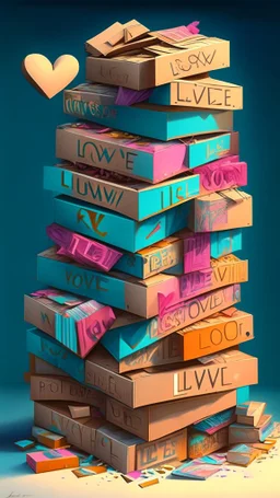 Stacked boxes stuffed with overflowing love letters, realistic, professional, art, detailed, vibrant colors.