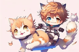 cute chibi anime boy is riding a cute fluffy chibi anime cat