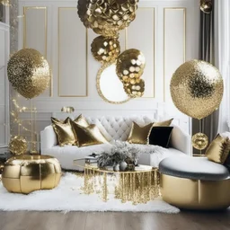 A picture of a living room with gold party decoration