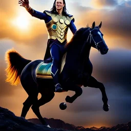 Ultra detailed fullbody Portrait in oil on canvas of Loki with asgardian armor riding a Horse,extremely detailed digital painting, extremely detailed face,crystal clear eyes, mystical colors ,perfectly centered image, perfect composition, rim light, beautiful lighting,masterpiece,8k, stunning scene, raytracing, anatomically correct, in the style of Steve Jung and robert e howard and Wizyakuza and Ohrai Noriyoshi and Simon Bisley and uncannyknack.