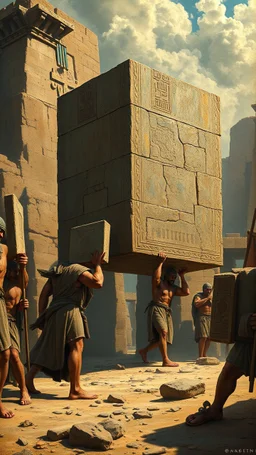 Bosch painting style giant strong warriors have muscles carrying a big cubicle stones along with slaves building the Egyption paramount