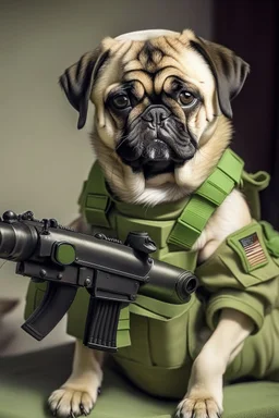 pug as a soldier with grenades guns and holding a p90