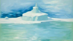 A cyan glacier island covered in snow painted by Georges Seurat