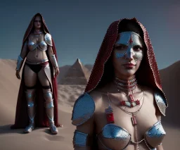 Animated, woman, Arabic face veil, redfacepaint, armor, choker, hands, gauntlets, x, sword, longsword, chainmail, red beads, desert, pyramid