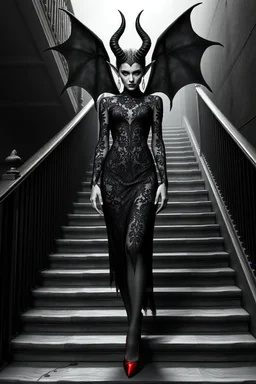 black and white digital art from a demonic dark elf queen in black lace dress and red shooes standing on stairs , crepy stunning , she looking defiantly in the camera , high detalied, realistic, dark fantasy, thriller, cinematic