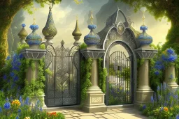 intricate ornate gate, garden, path, flowers, fine detail, high quality, Neoclassical