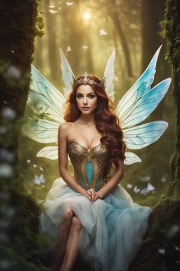 Half body Gorgeous close up Photography Beautiful Lady fairy with wings straddle,background wonderland, panoramic shot ,portrait, epic fantasy