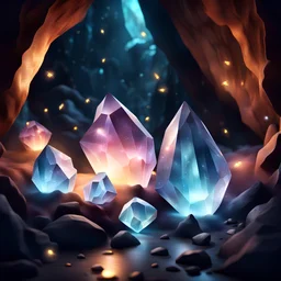 Hyper Realistic big glowing crystals with fireflies in a cave at night