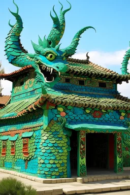 A greenish blue Chinese dragon castle designed in Japanese Oni masks painted by Paul Klee