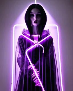 Picture by koson ohara and marta bevacqua, portrait of a beautiful goth woman with long black hair, wearing a plastic raincoat, purple neon lighting, 8k, high quality, highly detailed