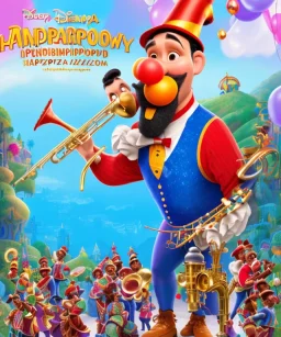 happy and funny old friendly clown with round head and trimmed beard playing jazz with a steampunk theme, trumpet on mouth, paintbrush and aisle, carnival, dreamy