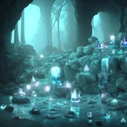 transparent crystal, on an altar in a foggy cave, cinematic,turqoise, bright light colors