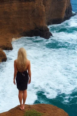 blonde woman standing at the edge of a cliff waves crashing against the rocks below