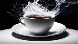 A storm entirely inside a white porcelain ESPRESSO COFFEE cup with a saucer. Large ESPRESSO COFFEE wave cresting. A surfer. Backpropogation algorithm optimization lighting. Black background