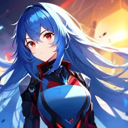 girl, masterpiece, best quality, volumetric lighting, dynamic pose, detailed outfit, perfect eyes, blue hair, red eyes, messy hair, long hair, mech outfit,