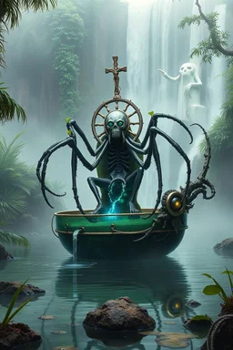 action figure of a crucified alien spider necrophyte electric eel necromancer on round swamp transparent glass obcidian boat beholder eye wheel throne in a charged foggy jungle waterfall