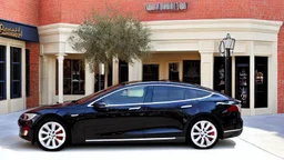 A Tesla's 'Model S Plaid' is parked, within the 'Universal Studios Orlando', in Florida. CINEMATIC. WIDE ANGLE LENS.