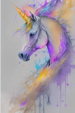 watercolor on transparent background paper, chromatic, zoom, very sharp, splash of colors on a white background, Mixed colors, Sharp detailed unicorn with full body, half robot, details on eye, a detailed golden black sunset fire style, Beach with light purple water, graffiti elements, powerful zen composition, dripping technique, & the artist has used bright, clean elegant, with blunt brown, 4k, detailed –n 9, ink flourishes, liquid fire, clean white background, zoom in,
