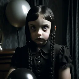 wednesday addams as a child, braids, a frange, a black balloon, polaroid, 1970s, empty black room, no emotion on her cold face