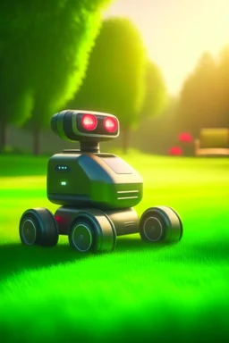 chat lawnmower robot on beautifull lawn, motion blur, smoke, 4k, downlight, soft light, depth of field, photorealism, trending on art station