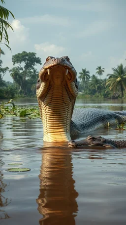 A giant Anaconda snake in the Amazon jungle eating a crocodile