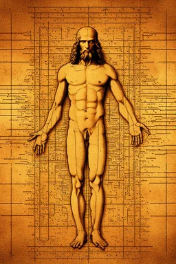 Human – Language – Computer. Leonardo da Vinci's Vitruvian man against the background of the matrix and the crumbling ones and zeroes. close-up of the surrounding area. Solid science fiction, high resolution