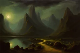 Cloudy Night, epic mountains, rocks, pathway, lake, epic rocky land, cosmic and inmaterial trascendent influence, introspective, epic, 80's sci-fi movies influence, pieter franciscus dierckx impressionism paintings
