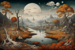 Isotropic autumn landscapes, fragmented dreams of death disappear into mist and clouds. Authors: Hieronymous Bosch, Aubrey Beardsley, Justin O'Neal, Ernst Haeckel, Kadinsky, Picasso, Dali, Charles Rennie Macintosh, highly detailed oil on canvas, 4K 3d elegant, concept art, color