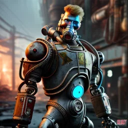 fallout 4 character, dolph lundgren robot with axe in the streets of cyberpunk city filling up car, gaz station, unreal, spray paint, clay, vox model