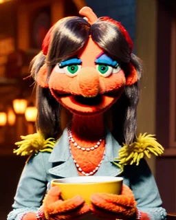 waitress woman with Sesame Street muppet mask-head, concept art, retro style, smooth, unreal engine 5, god lights, ray tracing, RTX, lumen lighting, ultra detail, volumetric lighting, 3d.