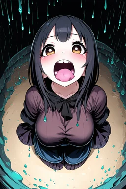 Closeup anime Girl goth with big eyes, fullbody, ragged clothes, slime rain, the perspective looking up from the bottom of an empty well, rolling eyes, tongue out, saliva drip, open mouth,