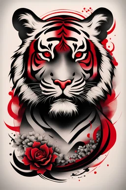 Create a captivating modern 2d black and red ink tattoo design for print , prestigious tiger using the elegant influences of japan art style, for print, dynamic elements from fashion and design, and bold Japanese contemporary art aesthetics, framing centered in the center, distanced from the edges of the paper perimeter,