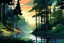 retro anime style, full color, dark serious 1980s anime style, A lake in the forest, watercolor, forest