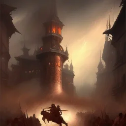 frank frazetta style, medieval town in battle, storm