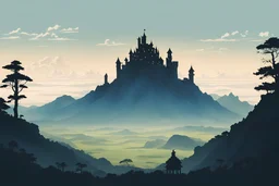 Nature,castle silhouette in the horizon ,mountain in the horizon, ghibli style